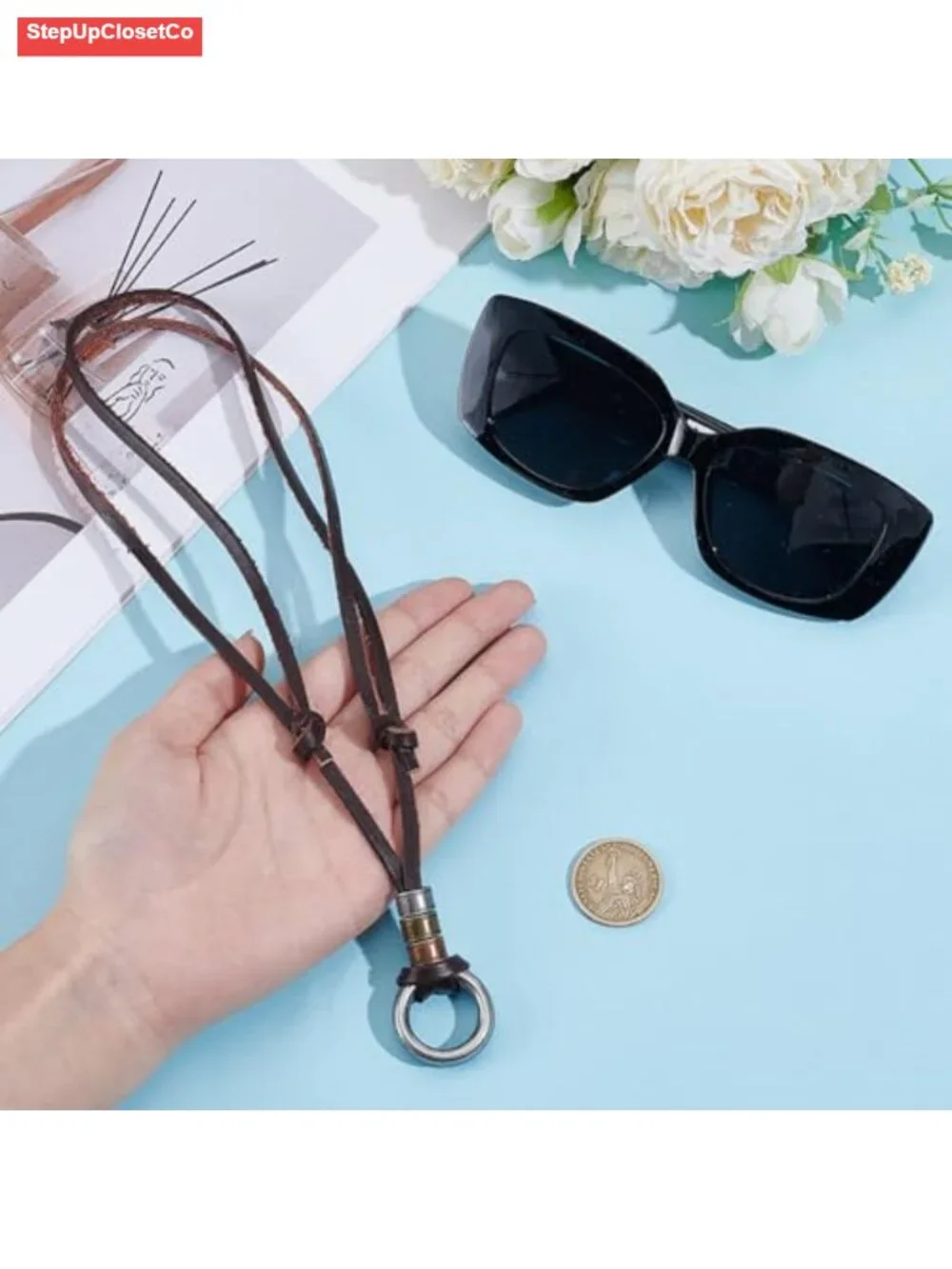 Cowhide Leather Eyeglass Holder Necklace Adjustable Glasses Cord Strap